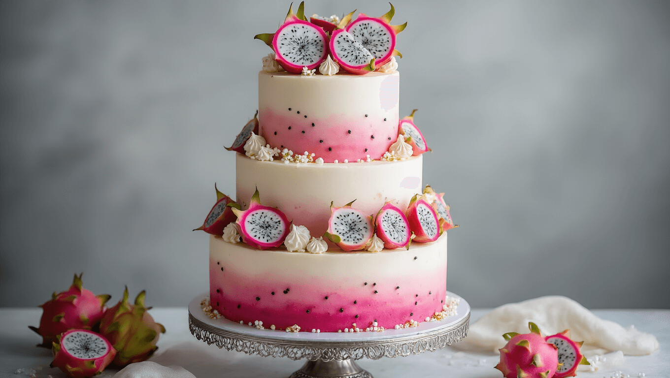 A three-tiered wedding cake featuring a blush-toned ombré effect, vibrant dragonfruit pink, adorned with fresh dragonfruit slices, delicate edible flowers, subtle gold leaf accents, and garnished with a fresh dragonfruit flower, displayed on an ornate silver pedestal against a misty gray background.