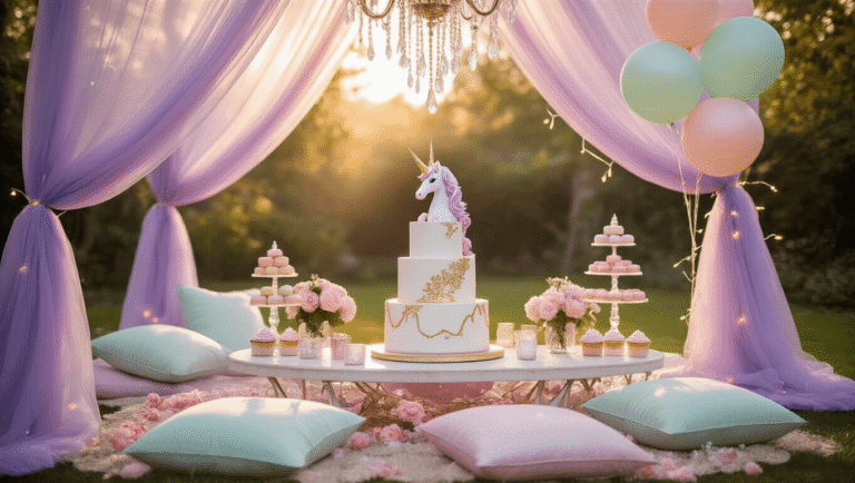 A dreamy backyard birthday party setup featuring a lavender tulle tent, luxurious low table with pearlescent cushions, and a 3-tiered cake topped with a unicorn, surrounded by pastel balloons and floral accents, all illuminated by soft golden hour lighting.