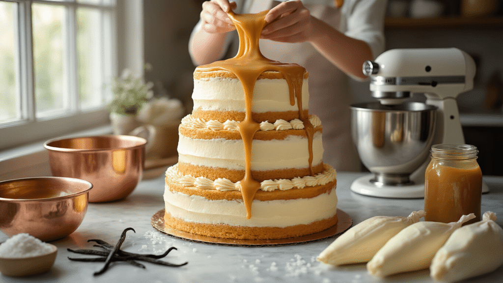 Hyperrealistic image of a three-tiered vanilla birthday cake being assembled, with golden dulce de leche flowing between layers on a marble countertop. Surrounding elements include copper mixing bowls, a vintage stand mixer, scattered vanilla beans, and piping bags filled with ivory buttercream. The background features organized baking tools in a warm bokeh effect, with a focus on creamy whites and caramel golds.