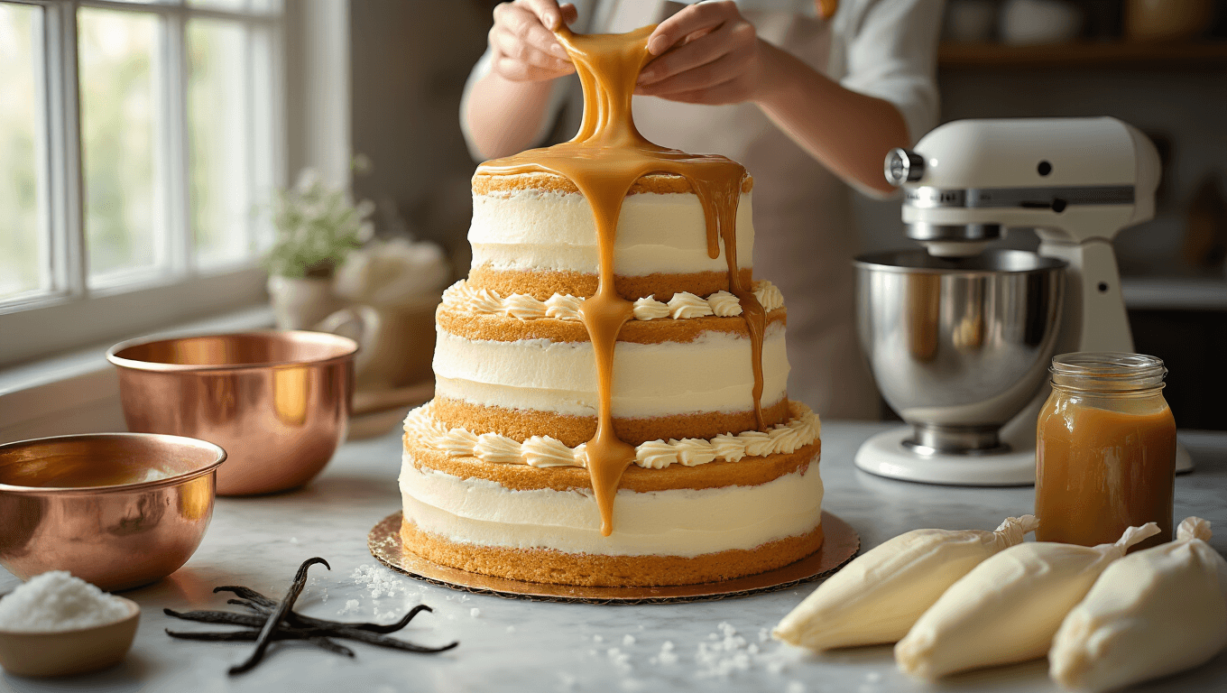 Hyperrealistic image of a three-tiered vanilla birthday cake being assembled, with golden dulce de leche flowing between layers on a marble countertop. Surrounding elements include copper mixing bowls, a vintage stand mixer, scattered vanilla beans, and piping bags filled with ivory buttercream. The background features organized baking tools in a warm bokeh effect, with a focus on creamy whites and caramel golds.