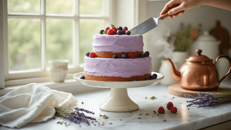 A three-tiered Earl Grey cake with lavender buttercream frosting sits on an antique cake stand, surrounded by Earl Grey tea leaves, fresh bergamot zest, dried lavender, and berries, all in a softly lit rustic kitchen.