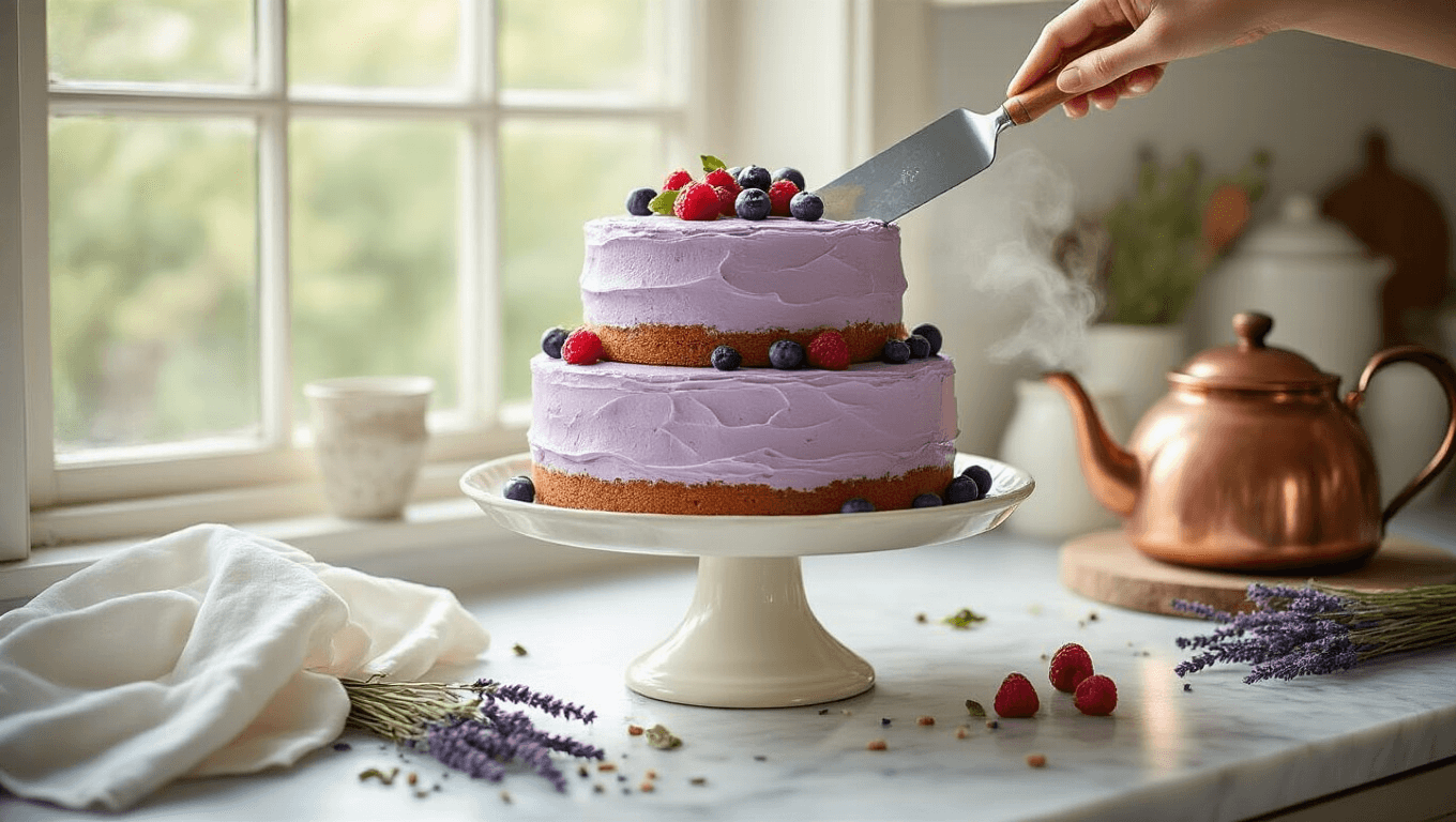 A three-tiered Earl Grey cake with lavender buttercream frosting sits on an antique cake stand, surrounded by Earl Grey tea leaves, fresh bergamot zest, dried lavender, and berries, all in a softly lit rustic kitchen.