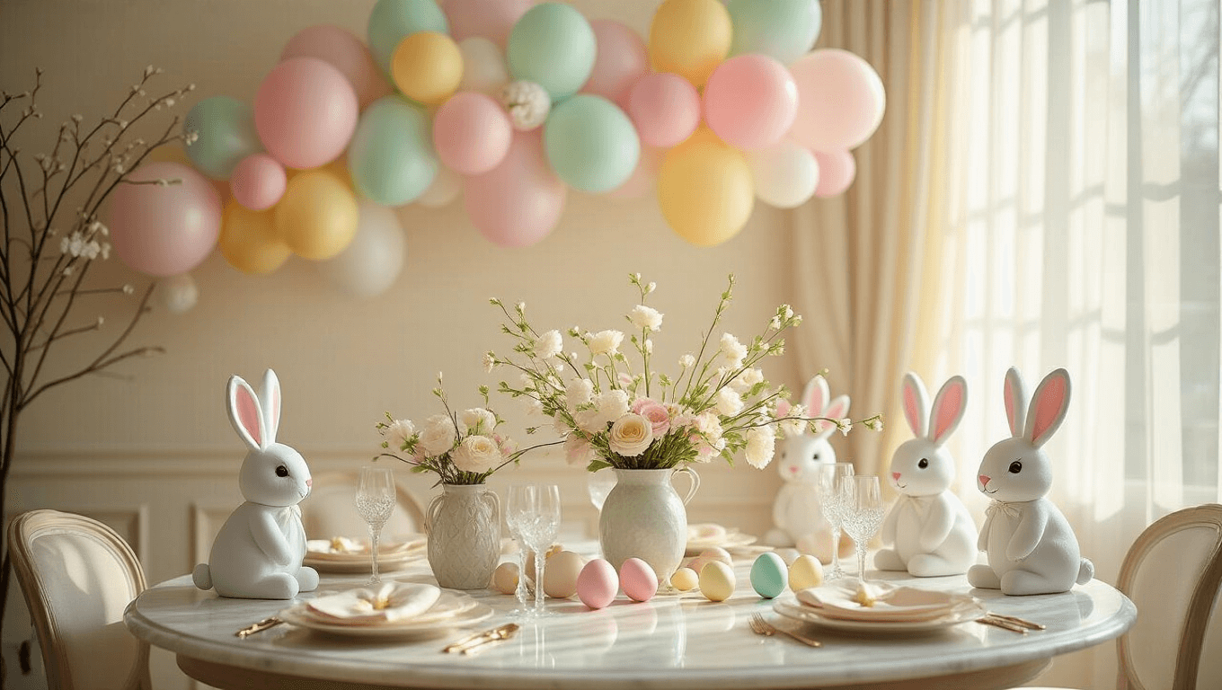 Elegant Easter dining room with pastel balloon garland, bunny-shaped balloons, egg-shaped latex balloons, spring florals, and warm golden hour lighting.
