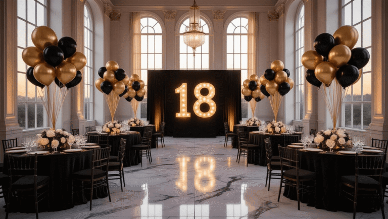 Elegant 18th birthday celebration in an opulent ballroom, featuring gold balloons, black silk linens, crystal glassware, and a custom illuminated '18' backdrop, all illuminated by warm golden hour light.
