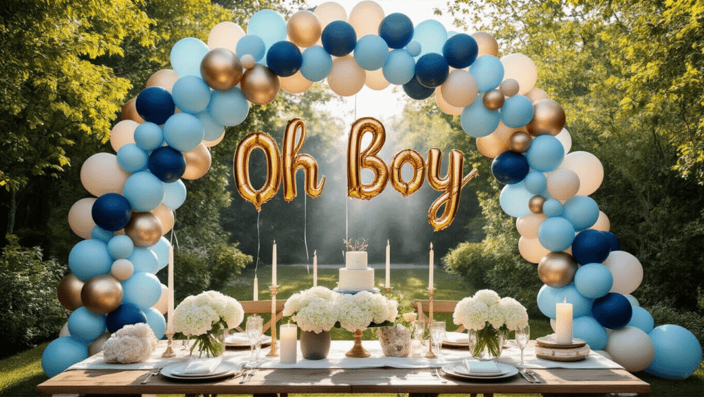 A luxurious baby shower setup in a sunlit garden featuring a dramatic ombré balloon arch, elegant white floral centerpieces, a vintage dessert cart, and warm fairy lights.