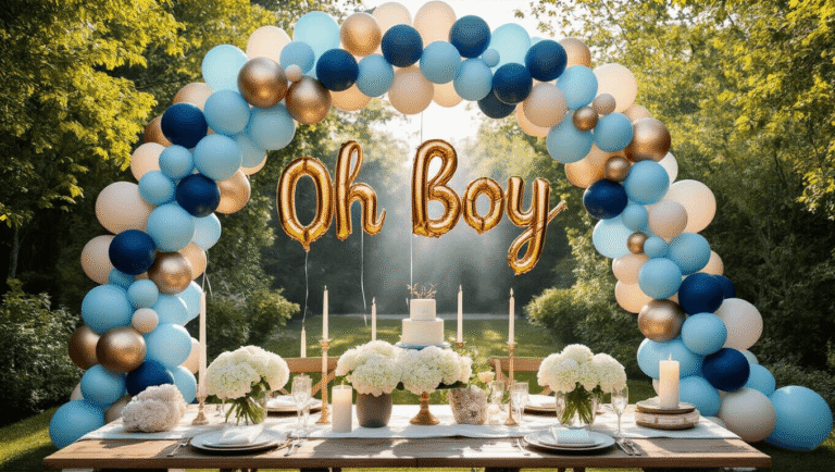 A luxurious baby shower setup in a sunlit garden featuring a dramatic ombré balloon arch, elegant white floral centerpieces, a vintage dessert cart, and warm fairy lights.