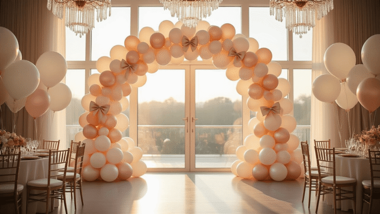 Elegant balloon arch installation in blush pink and pearl white, adorned with satin bows, photographed during golden hour with a dessert table and twinkling fairy lights in a dreamy event space.