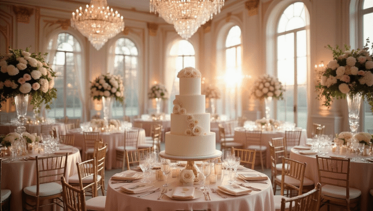 Opulent indoor ballroom birthday celebration with blush pink linens, crystal chandeliers, towering floral centerpieces, and a three-tiered vanilla cake, illuminated by golden hour sunlight.