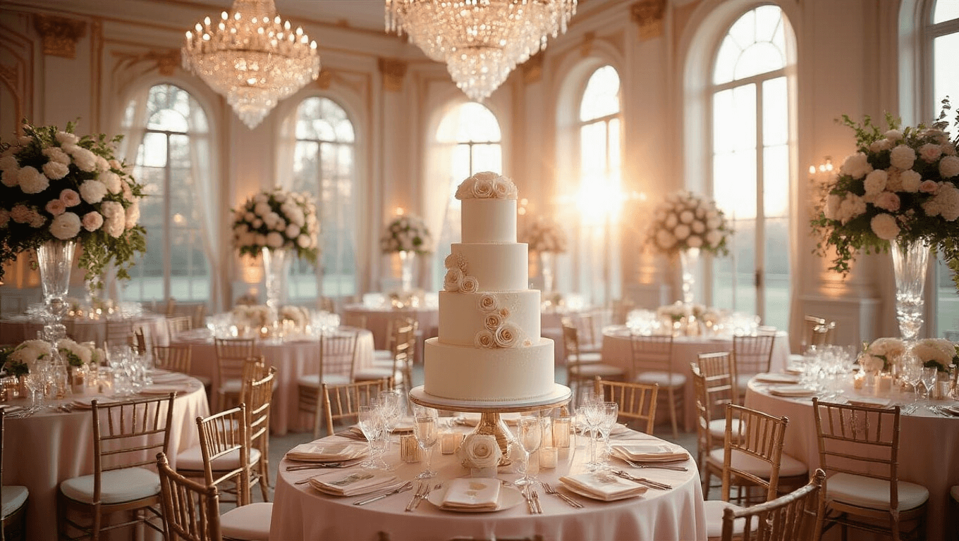 Opulent indoor ballroom birthday celebration with blush pink linens, crystal chandeliers, towering floral centerpieces, and a three-tiered vanilla cake, illuminated by golden hour sunlight.