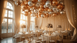 Elegant ballroom decorated with metallic star balloons in gold, silver, and rose gold, featuring luxurious ivory table linens and crystal centerpieces, illuminated by warm sunlight and candlelight, creating a festive atmosphere.