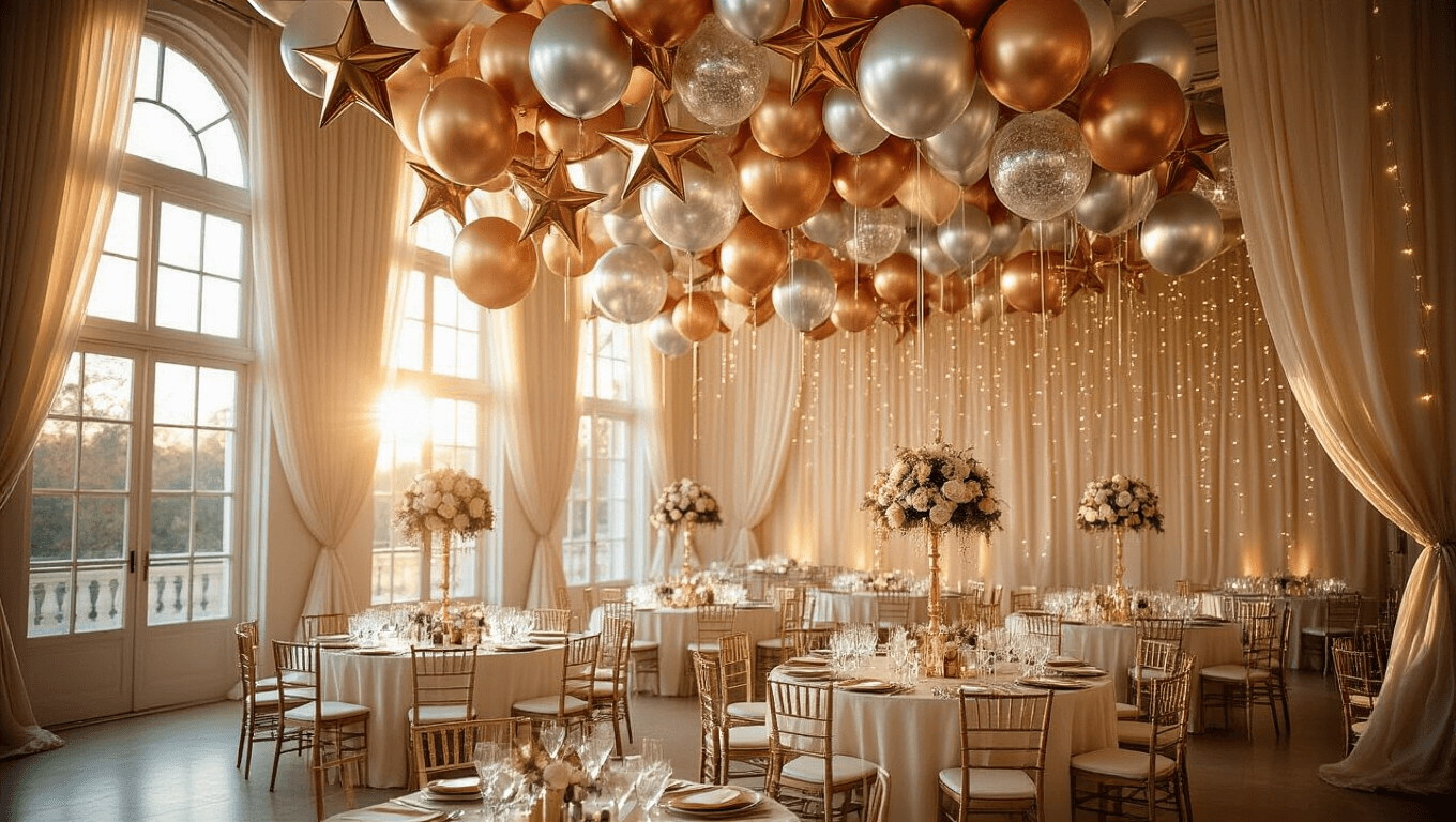 Elegant ballroom decorated with metallic star balloons in gold, silver, and rose gold, featuring luxurious ivory table linens and crystal centerpieces, illuminated by warm sunlight and candlelight, creating a festive atmosphere.