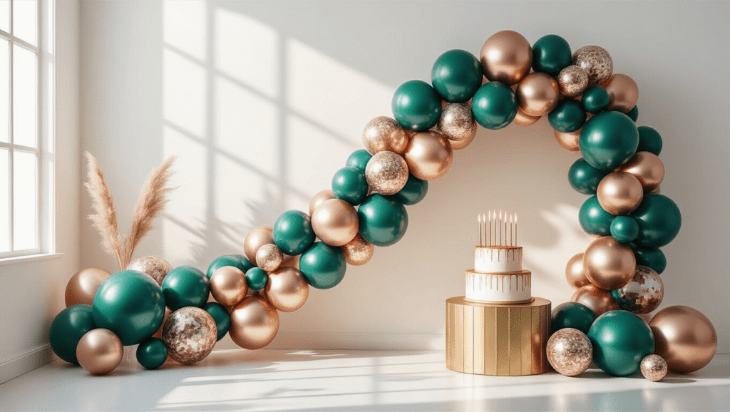 Cinematic wide-angle shot of a luxurious birthday balloon decoration setup with organic garlands in jewel tones, highlighting various balloon textures against a clean backdrop, complemented by elegant table settings and warm lighting.