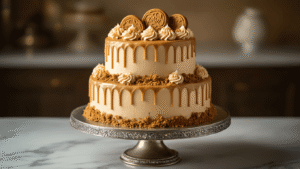 Three-tiered Biscoff cookie butter cake with caramel drip and crushed cookies on an antique silver stand, soft warm lighting highlighting intricate details and a moody ambiance.