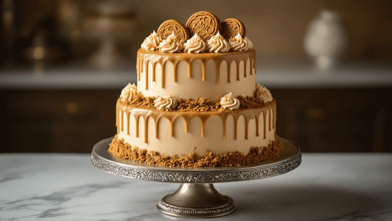 Three-tiered Biscoff cookie butter cake with caramel drip and crushed cookies on an antique silver stand, soft warm lighting highlighting intricate details and a moody ambiance.