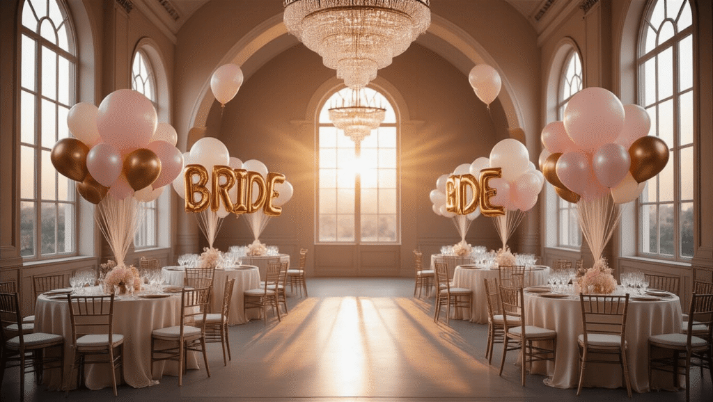 Cinematic wide-angle shot of a luxurious wedding ballroom at golden hour, featuring elegant blush pink, ivory, and champagne balloon arrangements alongside metallic gold "BRIDE" balloons, with warm sunlight streaming through arched windows, highlighting the sophisticated decor and creating a dreamy atmosphere.