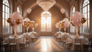 Cinematic wide-angle shot of a luxurious wedding ballroom at golden hour, featuring elegant blush pink, ivory, and champagne balloon arrangements alongside metallic gold "BRIDE" balloons, with warm sunlight streaming through arched windows, highlighting the sophisticated decor and creating a dreamy atmosphere.