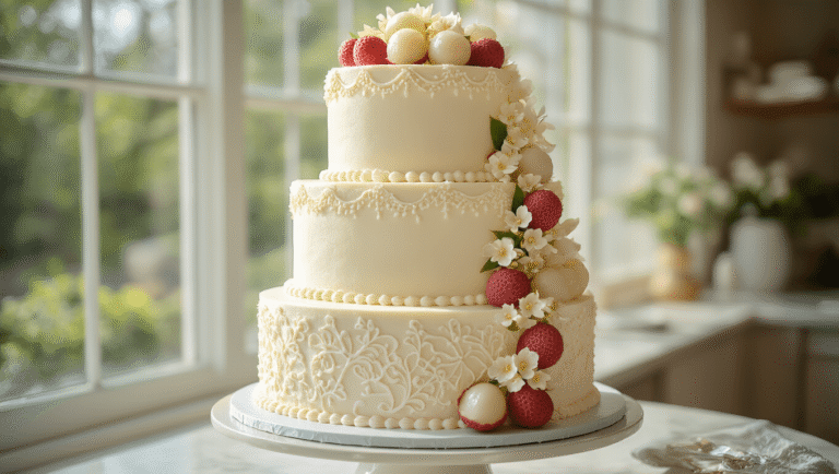 Photorealistic three-tiered wedding cake adorned with coconut buttercream, fresh lychees, and sugar flowers, displayed on a silver pedestal in a sunlit bakery, with artfully arranged ingredients in the foreground and soft bokeh background.