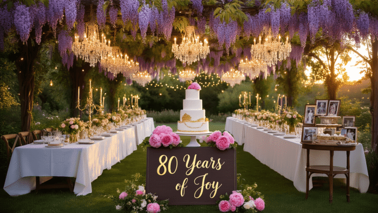 A luxurious garden party at sunset, featuring long tables with white linens and pink peony centerpieces, crystal chandeliers, and a vintage dessert station with a three-tiered cake. An elegant wooden welcome sign reads "80 Years of Joy" surrounded by roses, as multi-generational guests mingle on a manicured lawn with champagne flutes and vintage china settings, all bathed in warm tones and atmospheric haze.