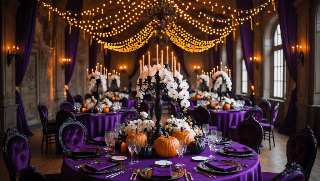 Elegant Halloween birthday party setup in a ballroom with deep purple silk tablecloths, black candelabras, white orchids, amber string lights, gothic-inspired place settings, and rich velvet chairs, illuminated by warm golden hour light.