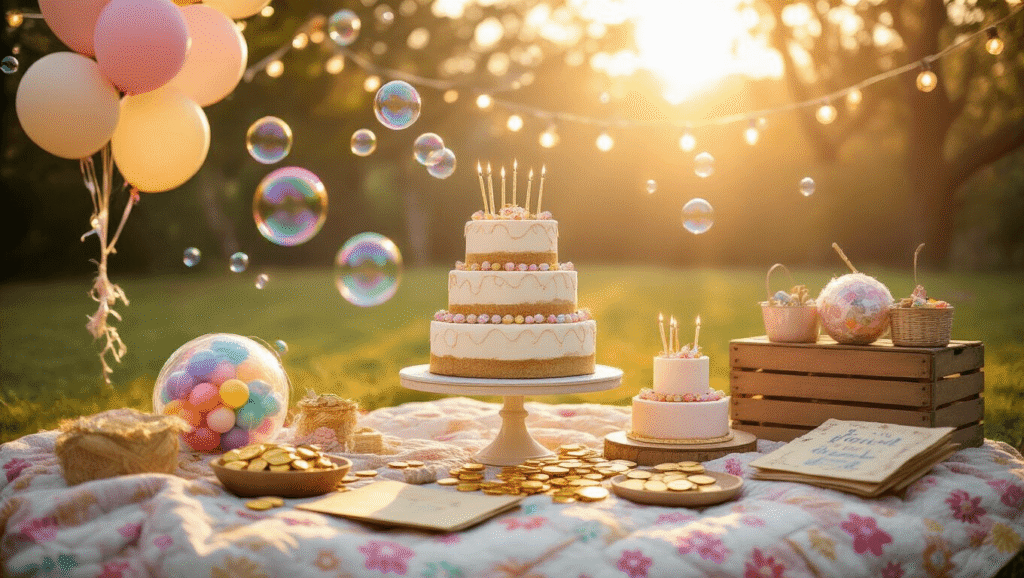 Children's birthday party setup with a luxurious dessert table, colorful treasure hunt props, giant bubbles, vibrant pinata, and whimsical decorations in warm golden hour lighting.