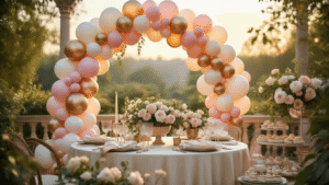 Photorealistic image of a luxurious garden terrace adorned with a pastel balloon arch, vintage tablescape, and dessert cart, featuring warm golden hour lighting and delicate floral accents.