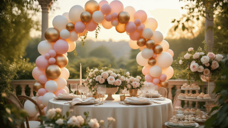 Photorealistic image of a luxurious garden terrace adorned with a pastel balloon arch, vintage tablescape, and dessert cart, featuring warm golden hour lighting and delicate floral accents.