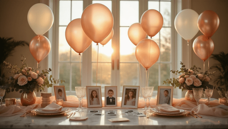 Elegant party setup featuring floating Mylar photo balloons with family portraits, gold ribbons, crystal glassware, and rose gold centerpieces, illuminated by warm sunlight, evoking nostalgia and celebration.