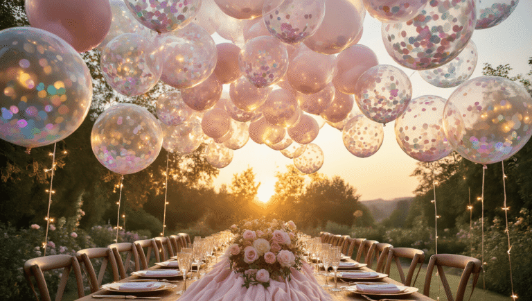 A luxurious garden party at golden hour featuring a long wooden table set with blush silk linens, surrounded by bubble balloons filled with iridescent confetti and intertwined fairy lights, with stylish guests mingling and dappled sunlight creating a magical atmosphere.