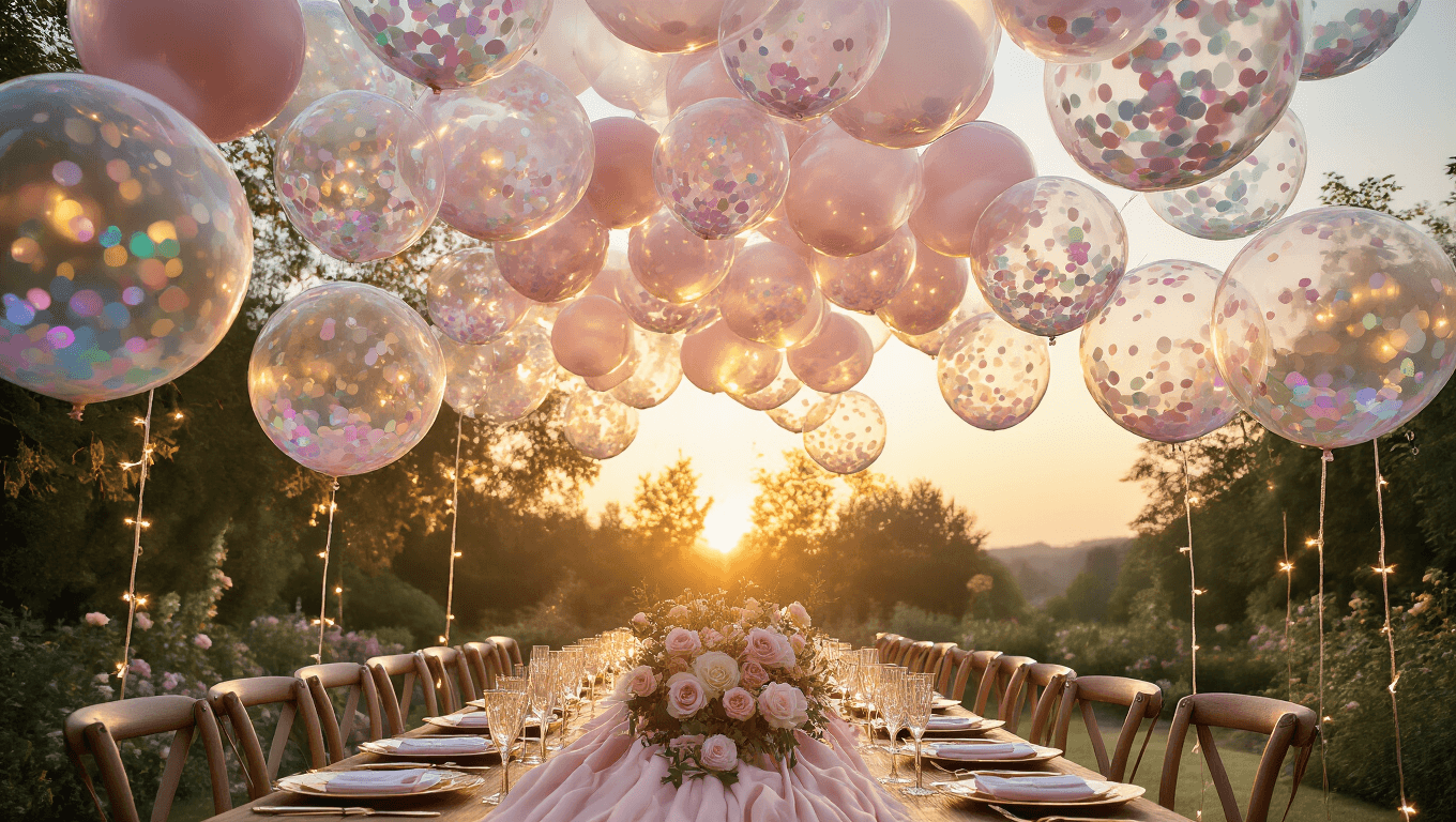 A luxurious garden party at golden hour featuring a long wooden table set with blush silk linens, surrounded by bubble balloons filled with iridescent confetti and intertwined fairy lights, with stylish guests mingling and dappled sunlight creating a magical atmosphere.