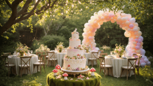 A whimsical fairy garden birthday party scene at golden hour, featuring a tiered cake, floral centerpieces, and young guests in fairy wings surrounded by twinkling lights and a pastel balloon arch.