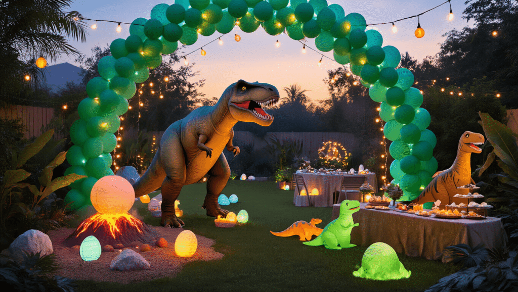 Photorealistic scene of a dinosaur-themed backyard party at twilight, featuring a large balloon arch, T-Rex cutout, illuminated fossil dig site, glowing dino eggs, a volcano cake with smoke, and children in dinosaur costumes amid lush foliage, all bathed in warm fairy lights.