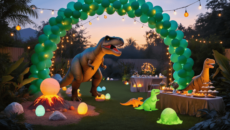 Photorealistic scene of a dinosaur-themed backyard party at twilight, featuring a large balloon arch, T-Rex cutout, illuminated fossil dig site, glowing dino eggs, a volcano cake with smoke, and children in dinosaur costumes amid lush foliage, all bathed in warm fairy lights.