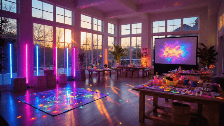 Epic teen birthday party setup featuring neon lights, craft stations, an outdoor movie screen, and colorful food stations in a modern home during golden hour.