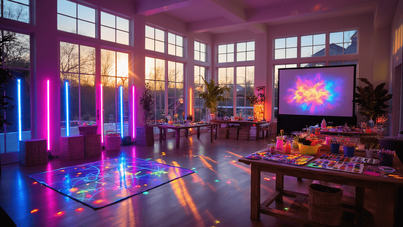 Epic teen birthday party setup featuring neon lights, craft stations, an outdoor movie screen, and colorful food stations in a modern home during golden hour.