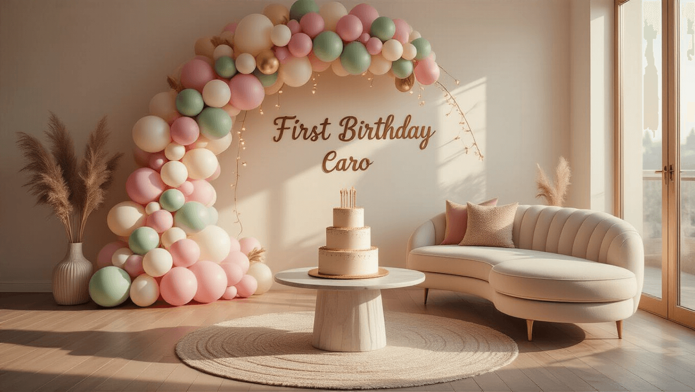 Cinematic wide-angle shot of a sunlit modern living room decorated for a first birthday celebration, featuring a pastel balloon arch, a tiered vanilla birthday cake, warm golden hour light, and a vintage highchair, creating an intimate atmosphere.