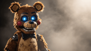 A detailed Freddy Fazbear cosplay costume featuring rich brown fur, glowing blue eyes, and visible metallic joints, set against a dark, foggy studio background with dramatic lighting and deep shadows.