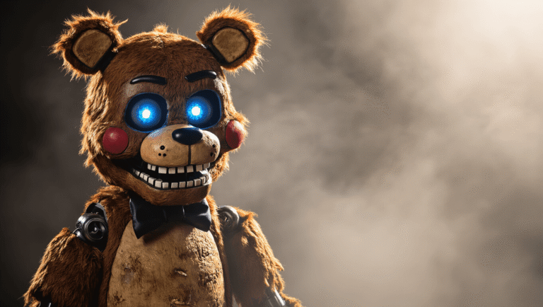 A detailed Freddy Fazbear cosplay costume featuring rich brown fur, glowing blue eyes, and visible metallic joints, set against a dark, foggy studio background with dramatic lighting and deep shadows.