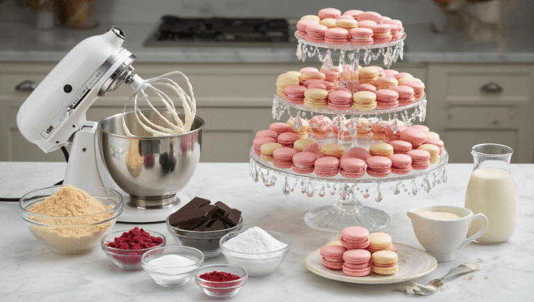 A cinematic overhead view of a marble kitchen counter featuring the macaron preparation process, with a stand mixer bowl of meringue, measured ingredients in glass bowls, and a three-tiered crystal cake stand displaying gradient-colored macarons filled with chocolate raspberry ganache, illuminated by warm natural light.