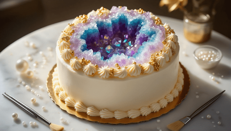 Cinematic close-up of a luxurious geode birthday cake with iridescent rock candy crystals set on a marble surface, featuring a smooth vanilla buttercream exterior and metallic gold accents, softened by warm golden hour lighting and surrounded by edible pearls and sugar crystals.