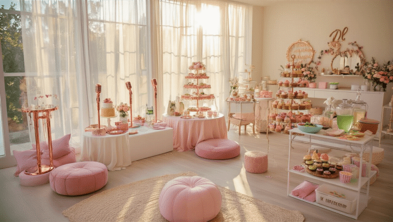 A beautifully arranged girls' birthday party setup featuring themed stations such as a Taylor Swift karaoke corner, a luxurious DIY spa area, and a rustic baking station, illuminated by golden hour sunlight.