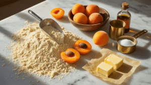 Cinematic overhead shot of a sunlit marble kitchen counter featuring a gluten-free almond apricot birthday cake preparation, including golden almond flour, vibrant apricot halves, rustic brown eggs, creamy butter pats, sparkling sugar crystals, vanilla extract, and antique measuring cups, all in a warm color palette with soft lighting and a cozy baking atmosphere.