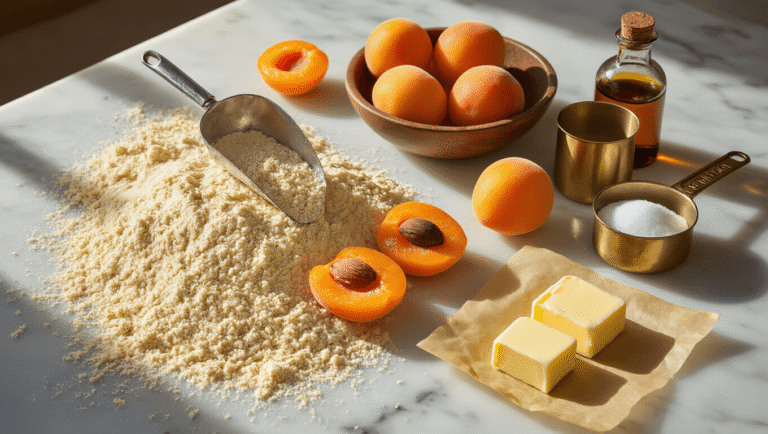 Cinematic overhead shot of a sunlit marble kitchen counter featuring a gluten-free almond apricot birthday cake preparation, including golden almond flour, vibrant apricot halves, rustic brown eggs, creamy butter pats, sparkling sugar crystals, vanilla extract, and antique measuring cups, all in a warm color palette with soft lighting and a cozy baking atmosphere.