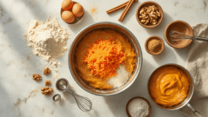 Cinematic overhead shot of a rustic marble countertop with grated orange carrots, warm amber batter in a mixing bowl, spices in wooden bowls, gluten-free flour, and walnut pieces, all illuminated by soft afternoon light, creating a cozy baking atmosphere.
