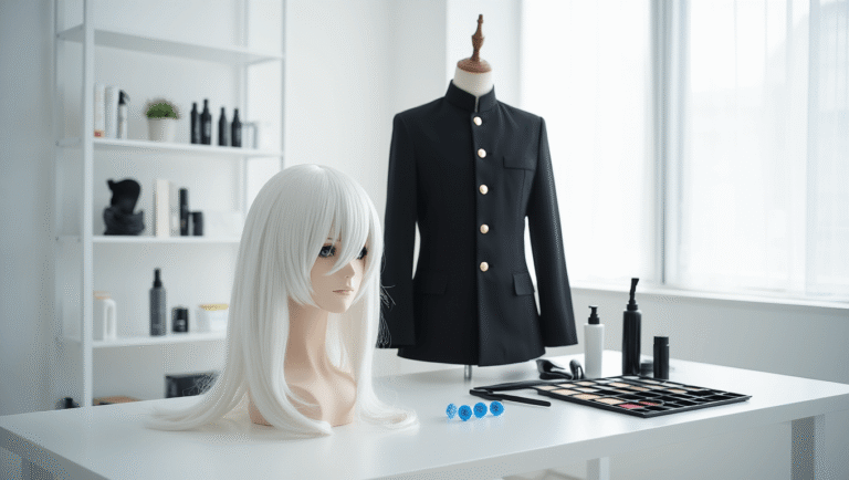 A bright photography studio showcasing a styled white cosplay wig on a mannequin, a pressed black uniform on a sleek rack, and a tidy makeup station with blue contact lenses under natural light.