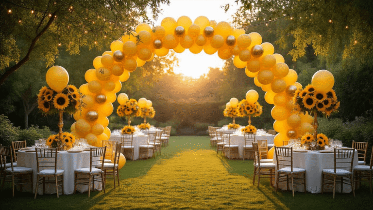 A vibrant garden party at golden hour, featuring a stunning yellow balloon arch, fairy lights, and elegant guests mingling amidst floral centerpieces.