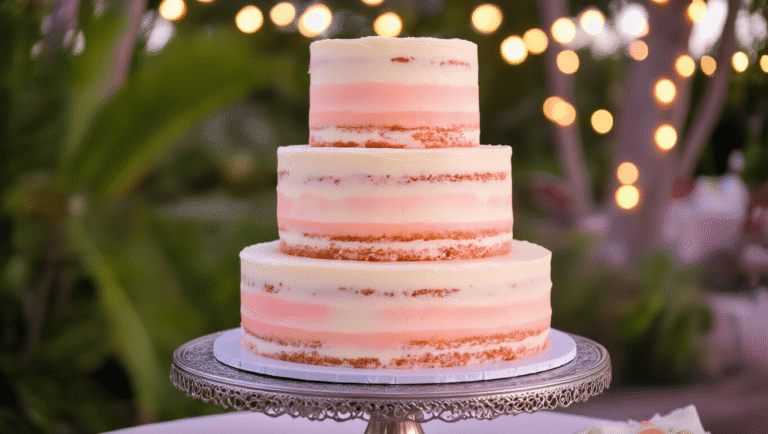 Elegant three-tiered guava and cream cheese wedding cake on a silver stand, featuring soft pink ombré layers, fresh guava garnishes, and intricate piping, set against a defocused tropical garden with warm string lights.