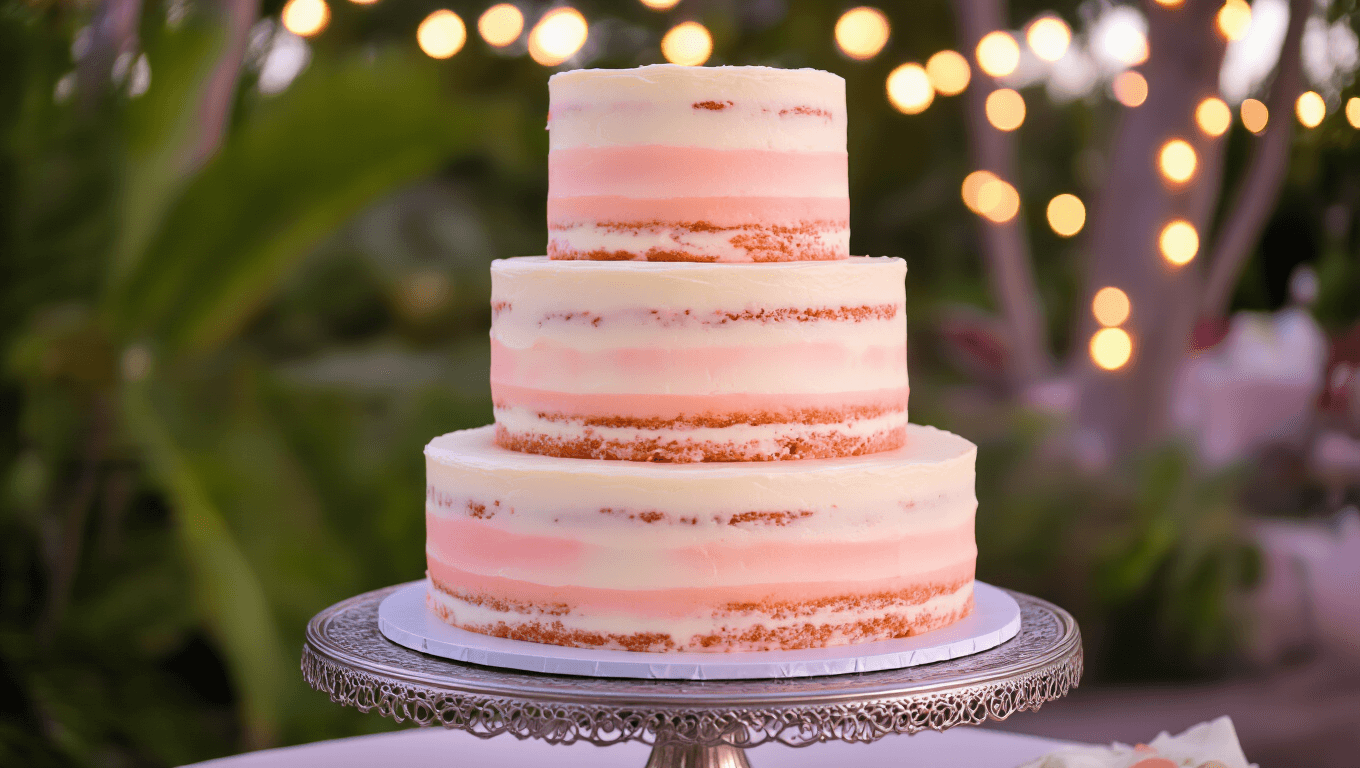 Elegant three-tiered guava and cream cheese wedding cake on a silver stand, featuring soft pink ombré layers, fresh guava garnishes, and intricate piping, set against a defocused tropical garden with warm string lights.
