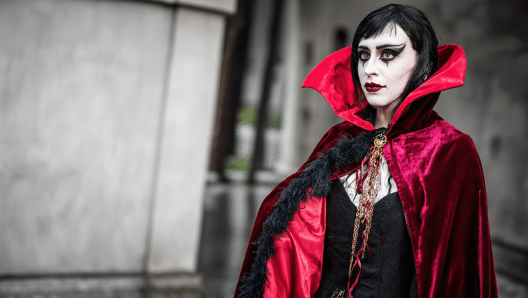 A vampire costume featuring a burgundy velvet cape and dramatic makeup, set against a clean background.