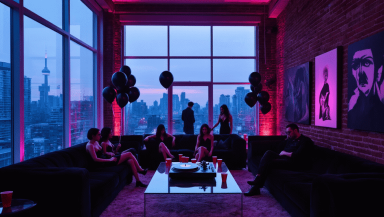 A cinematic photograph of a luxurious Toronto loft party at dusk, featuring city views, LED lighting, a turntable playing 'House of Balloons', young guests in dark attire, and atmospheric smoke, all captured in ultra-wide angle.