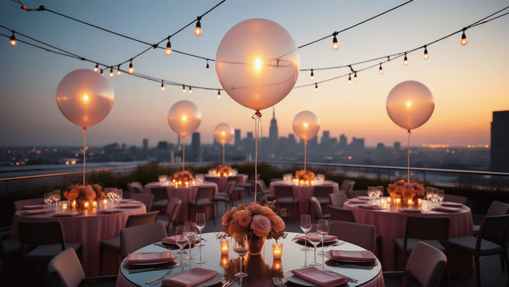 A luxurious rooftop terrace at golden hour adorned with illuminated clear balloons, warm LED lighting, modern glass dining tables with blush pink linens, and floral centerpieces, set against a vibrant city skyline, all captured in a photorealistic 8K resolution with soft lighting and a dreamy atmosphere.